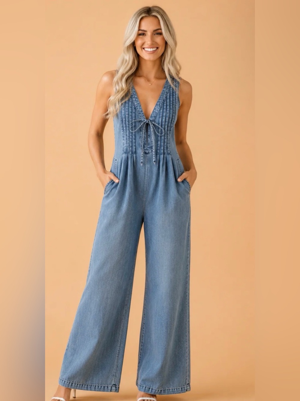 Sleeveless Denim Wide-Leg Jumpsuit - Light Blue